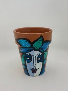 Daniel Luna artist hand painted face on terracotta clay pot, perfect! RARE FIND!